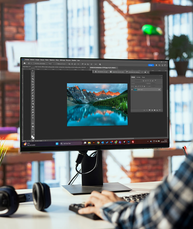 graphiste travaillant sur un écran de PC pro de qualité